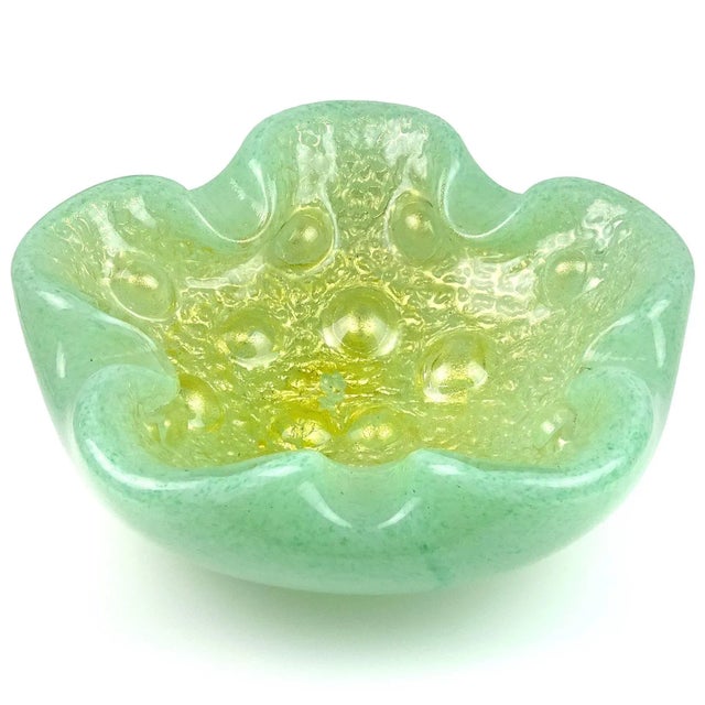 Mid-Century Modern Vintage Barovier Toso Murano Light Green Gold Flecks Italian Art Deco Glass Decorative Flower Shape Bowl For Sale - Image 3 of 5