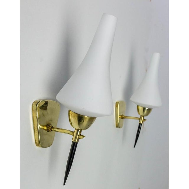 Black White Glass and Black & Golden Chrome Sconces in the style of Arlus, France, 1950s, Set of 2 For Sale - Image 8 of 12