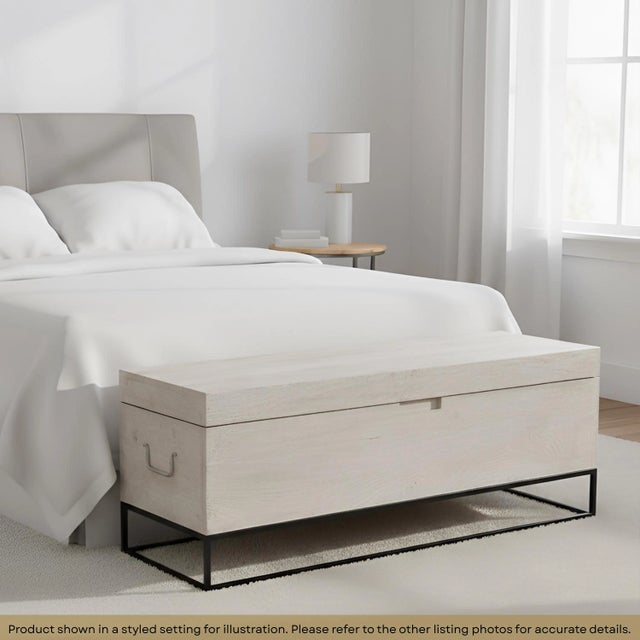 Dimensions: 46" W x 15" D x 17" H Features: • Solid wood construction • Lift up top to reveal storage • Sturdy metal base...