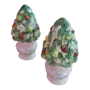Vintage 1980s Fitz & Floyd Christmas Holiday Tree Topiary Winter Garden Salt & Pepper Shakers- a Pair