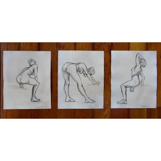 Almond Gallery Figure Sketches on Tea Stained Paper - Set of 3 Original Tasteful Nudes For Sale - Image 8 of 11