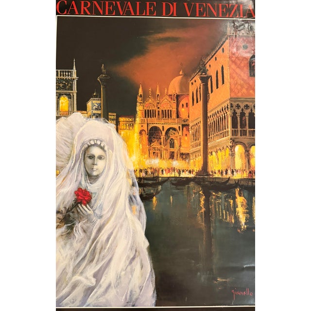 Italian poster for the Venice Carnival depicting a masked figure in elaborate costume holding a red flower in the...