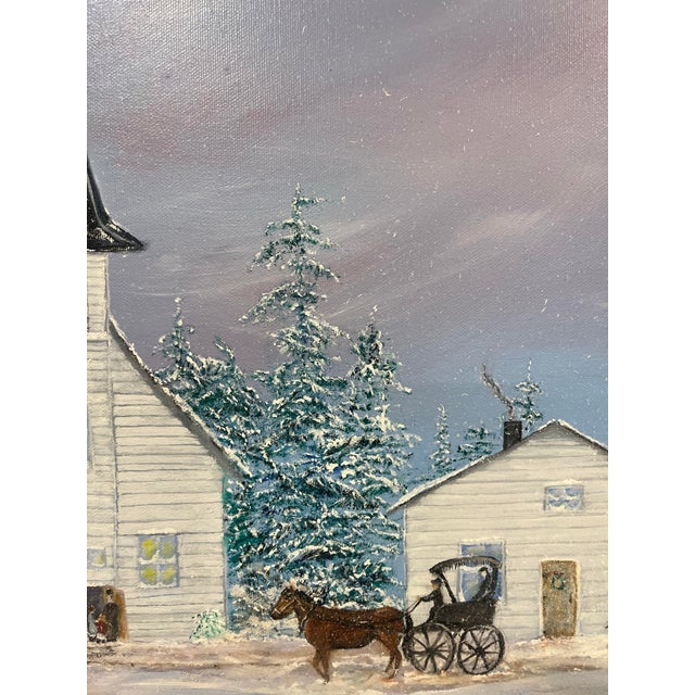 1980s Original Oil Painting Winter Village Church by Lea Topliff Framed For Sale - Image 4 of 12