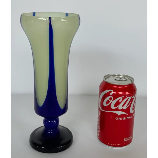 Antique Czech Kralik Pulled Blue and Cream Art Glass Vase For Sale - Image 4 of 5