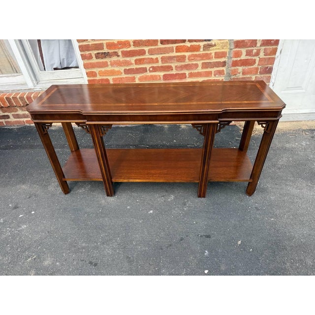 Chinoiserie Late 20th Century Chinoiserie Chippendale Style Inlaid Fretwork Console Table by Lane For Sale - Image 3 of 15