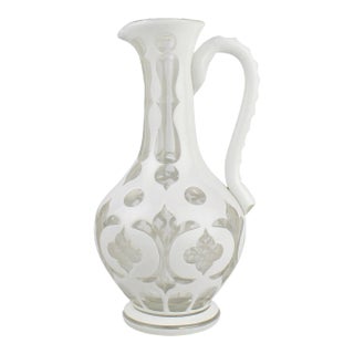 19th Century Bohemian White Cut to Clear Overlay Glass Pitcher or Ewer For Sale