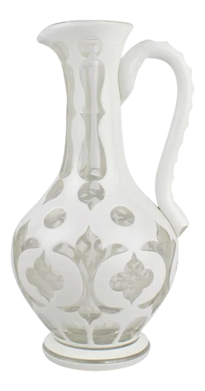 19th Century Bohemian White Cut to Clear Overlay Glass Pitcher or Ewer