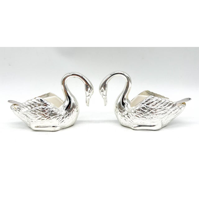 Mid 20th Century Venetian Italian Silver Plated Swan Salt Cellars With Tray & Spoons — Hollywood Regency, Mid-Century Silverplate - Set of 6 For Sale - Image 16 of 16