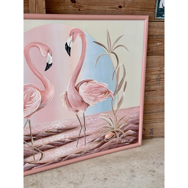 Mid-Century Modern Vintage Coastal Framed Flamingo Painting by Walcutt For Sale - Image 3 of 12
