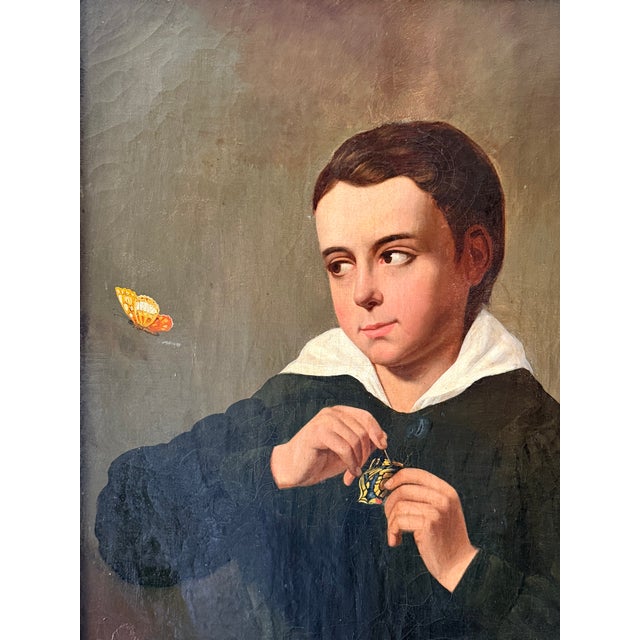 Portraiture 19th Century French School Portrait of a Young Gentleman With Butterflies For Sale - Image 3 of 5
