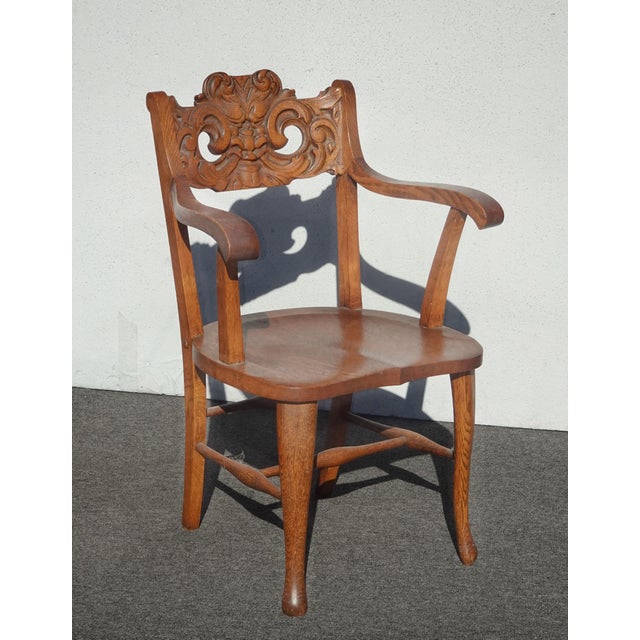 French Country Vintage French Country Brown Oak Carved Arm Chair by Eldredge Co. For Sale - Image 3 of 16
