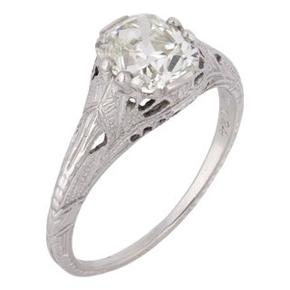 1930s Art Deco Gia 1.53 Carat Old Mine Cut Diamond Platinum Engagement Ring, Size 6.25 For Sale