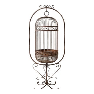 Antique French Forged Iron Hanging 62" Birdcage With Patina For Sale