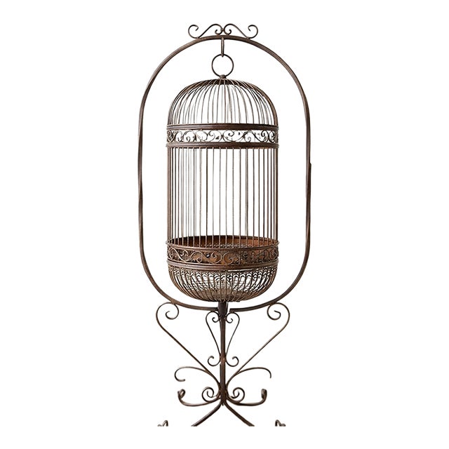 Antique French Forged Iron Hanging 62" Birdcage With Patina For Sale