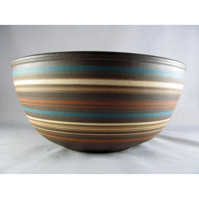 Early 21st Century 1970s Israel Rina Peleg Style Blue & Brown Striped Studio Art Pottery Salad Bowl For Sale - Image 5 of 11