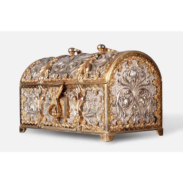 1900s Jugendstil golden and silver brass jewelry casket with blue velvet-lined interior by Erhard & Söhne, Germany By:...