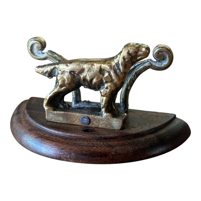 Vintage English Brass Hunting Dog Letter Rack on Wood Base For Sale