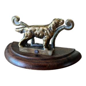Vintage English Brass Hunting Dog Letter Rack on Wood Base