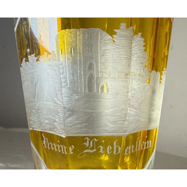 Yellow Antique Handmade Engraved German Yellow Cut to Clear Glass Vase Cup Chalice For Sale - Image 8 of 12