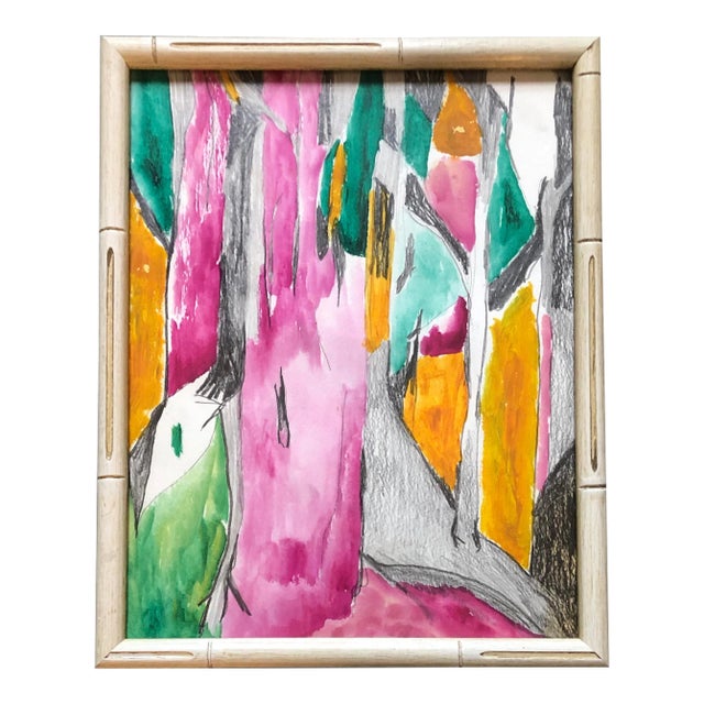 Original Vintage Abstract Watercolor Painting Framed For Sale