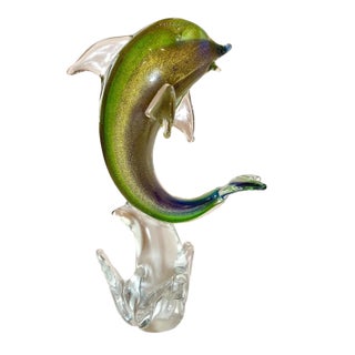 Vintage Hand Blown Murano Italian Art Studio Glass Dolphin Sculpture Statue Gold For Sale