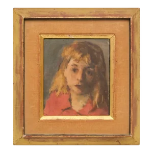 American Ashcan School Oil Painting on Board - Portrait of a Blond Girl in a Red Dress