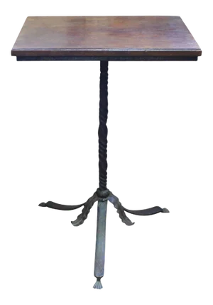 Neo-Gothic Hand Wrought Iron Pedestal Base Walnut Top Side Table or Stand