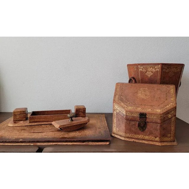 Metal Vintage Continental Italian Leather Desk Set For Sale - Image 7 of 11