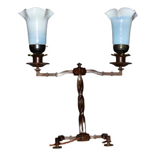 Edwardian Bronze Twin-Arm Table Lamp with Opaline Glass Shades, 1910s For Sale