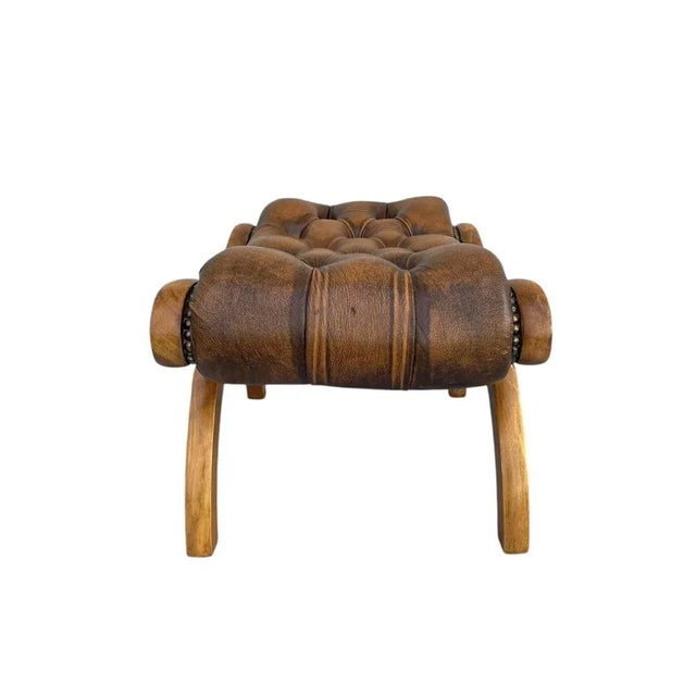 Chesterfield Ottoman in Carved Wood and Leather, 1960s For Sale - Image 6 of 16