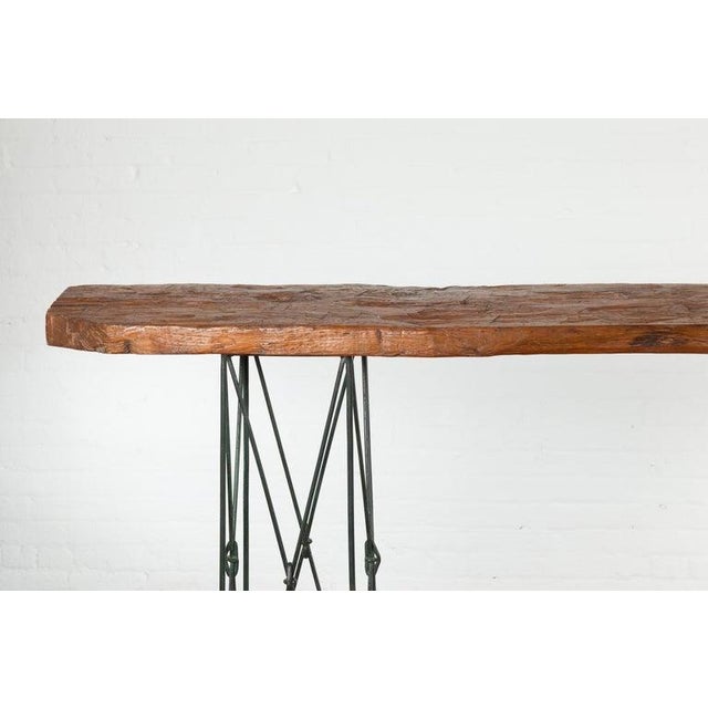 Late 20th Century Contemporary Console Table with Reclaimed Wood Top & Metal Bases For Sale - Image 5 of 12