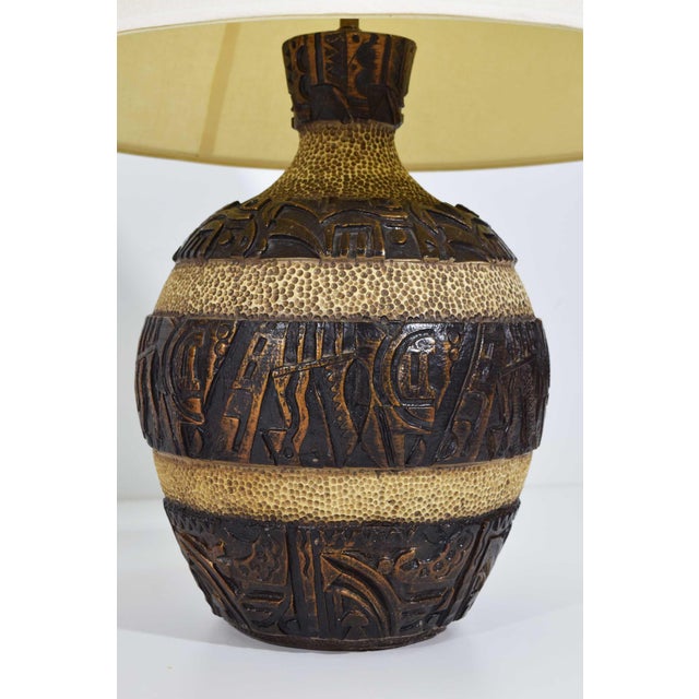 Textile 1970s Mid Century Modern Brutalist Style Bulbous Ceramic Table Lamps in Bronze - a Pair For Sale - Image 7 of 9