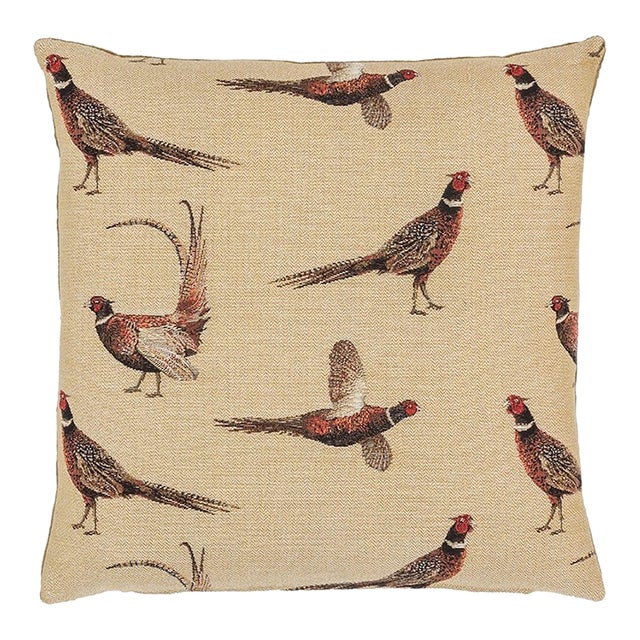 Country Pheasants Tapestry Cushion With Feather Filler - 46x46cm (18"x18") For Sale