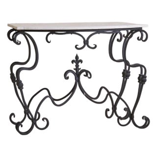French Wrought Iron Console with White Marble Top, 1940s For Sale