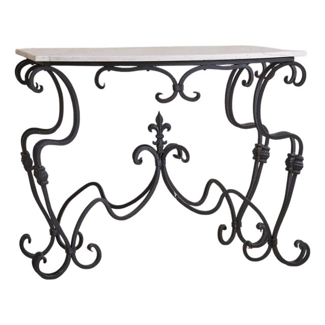 French Wrought Iron Console with White Marble Top, 1940s For Sale