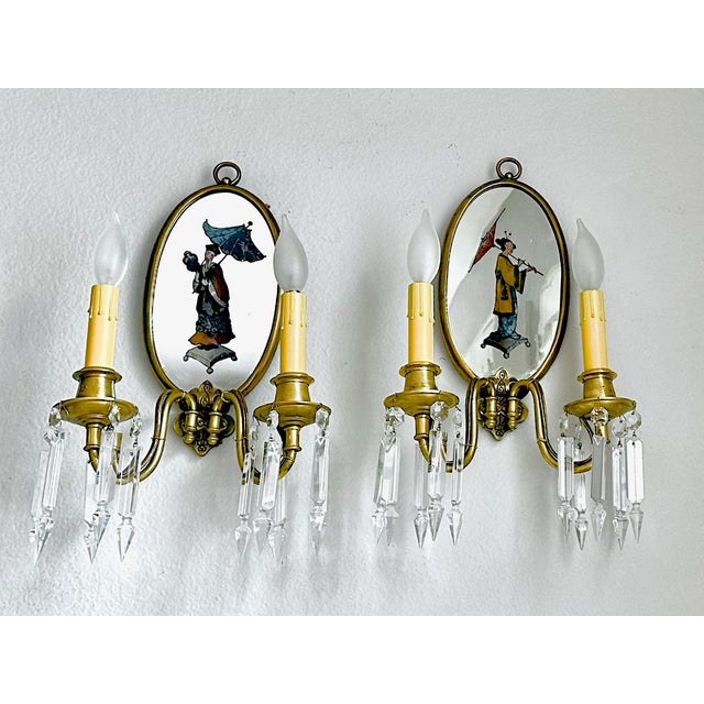 Pair Chinoiserie Eglomise Mirrored Sconces - E F Caldwell For Sale - Image 16 of 16