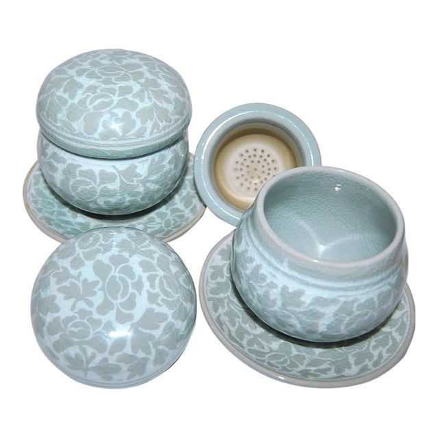 1980s Celadon Pottery Tea Bowls Lidded Chawan and Saucers With Strainers- Set of 2 For Sale