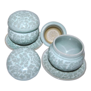 Authentic Celadon Pottery Tea Bowls Lidded Chawan and Saucers W/ Strainers- Set of 2