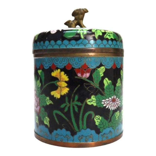 Metal Antique Chinese Floral Cloisonne Enameled Lidded Tea Consister With Foo Dog For Sale - Image 7 of 15