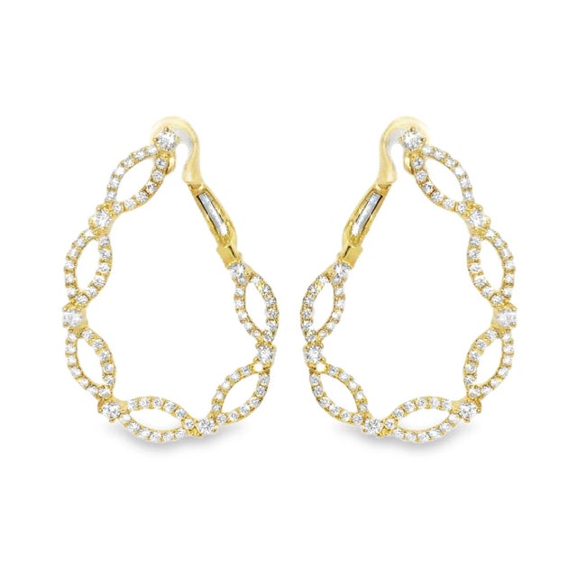 Elegant 14K yellow gold diamond hoop earrings featuring numerous brilliant round diamonds totaling 1.7 carats. Estate pair...