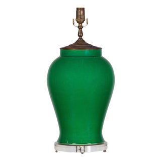 Contemporary Green Porcelain Table Lamp with Discreet Crackle Finish on Lucite Base For Sale