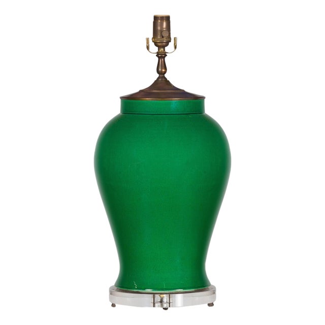 Contemporary Green Porcelain Table Lamp with Discreet Crackle Finish on Lucite Base For Sale