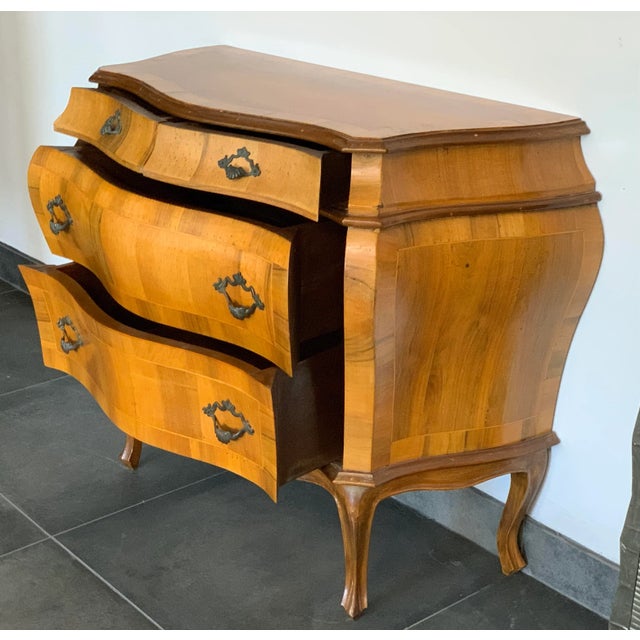 Italian Olive Walnut Bur Lwood Bombe Chest of Drawers For Sale - Image 4 of 8