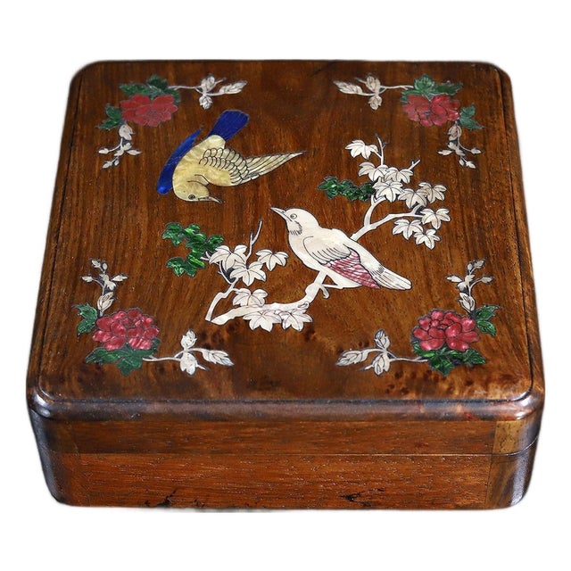 Vintage Rosewood Box With Mother-of-Pearl Bird and Floral Inlay For Sale