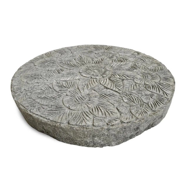 Charming vintage floral carved solid 3" thick round cement stepping stone. Perfect to set into your walkway or used as...
