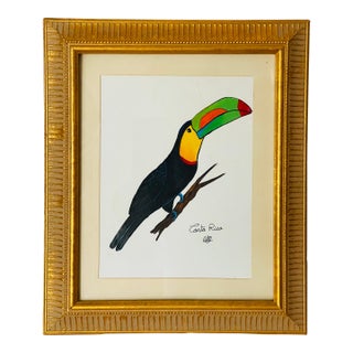 1960s Costa Rican Toucan Bird Watercolor in Gold Frame For Sale