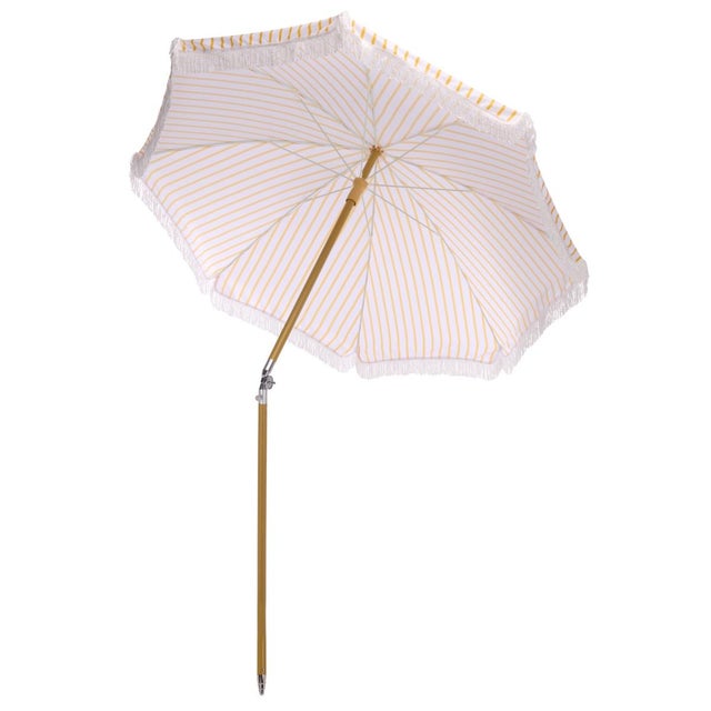 Bella 6.5 Ft Beach Fringed Umbrella, Yellow Bistro Stripe For Sale In Philadelphia - Image 6 of 8