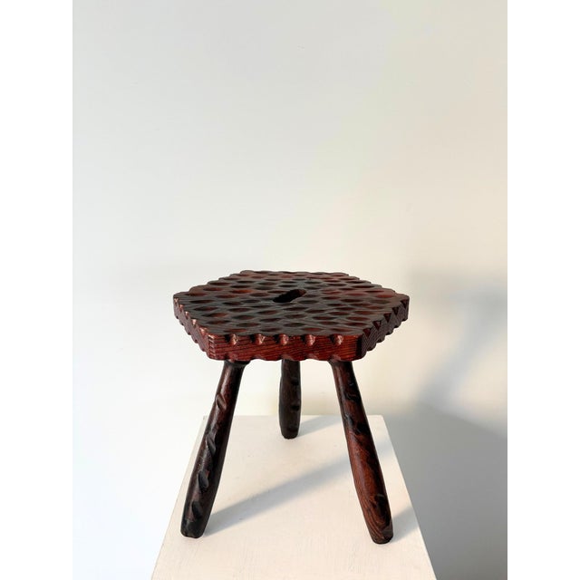 Brutalist Colonial Style Carved Tripod Stool, Spain, 1940s For Sale - Image 4 of 8
