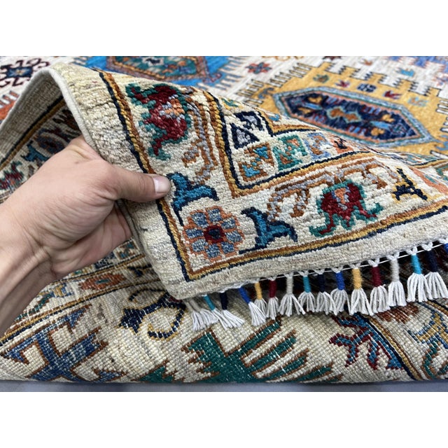 Ivory & Blue Afghan Sultani Natural Dye Wool Rug, Tribal Geometric Medallions, 6′8″ × 9′11″ For Sale - Image 10 of 15