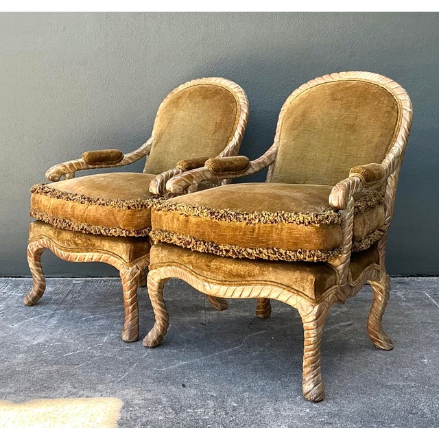 Wood Vintage Velvet Fauteuil Chairs With Caterpillar Fringe For Sale - Image 7 of 12